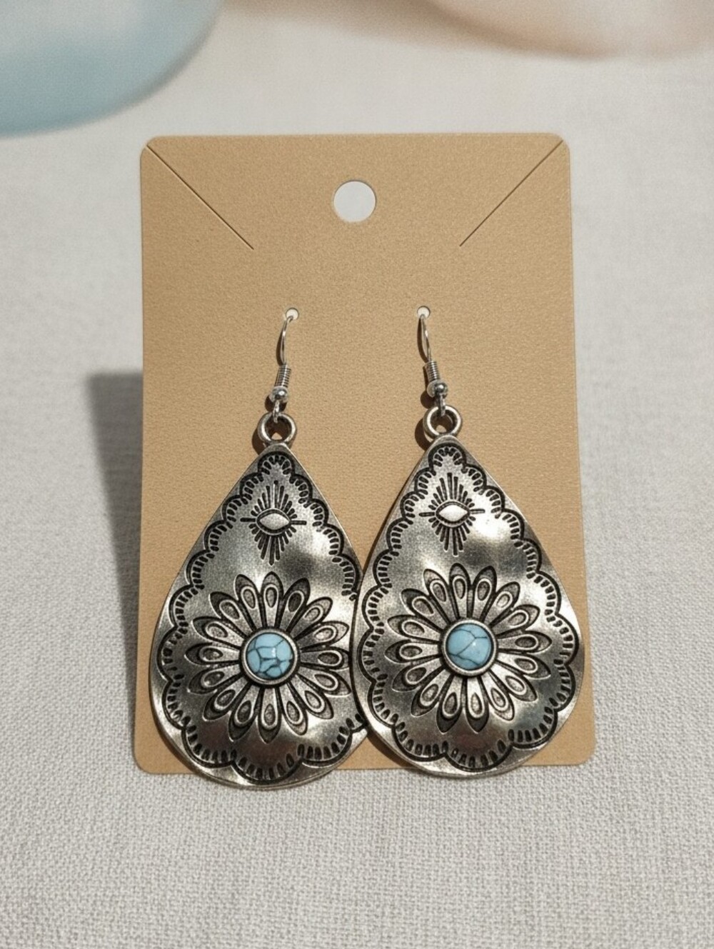 Silver Teardrop Sunburst Earrings with Turquoise Accent - Women Jewelry Earrings